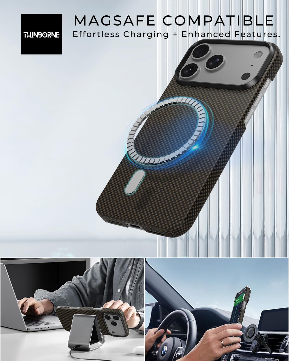 Thinborne Compatible with iPhone 17 Pro Max Case, [600D Aramid Fiber] [Mag Magnetic] [Extremely Thin] [Minimalist Style] [Carbon Fiber Textures] - Black/Gold