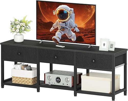 Soporte de TV con 3 cajones de tela para TV de hasta 50 pulgadas, consola multimedia industrial de 47.2 pulgadas, centro de entretenimiento con