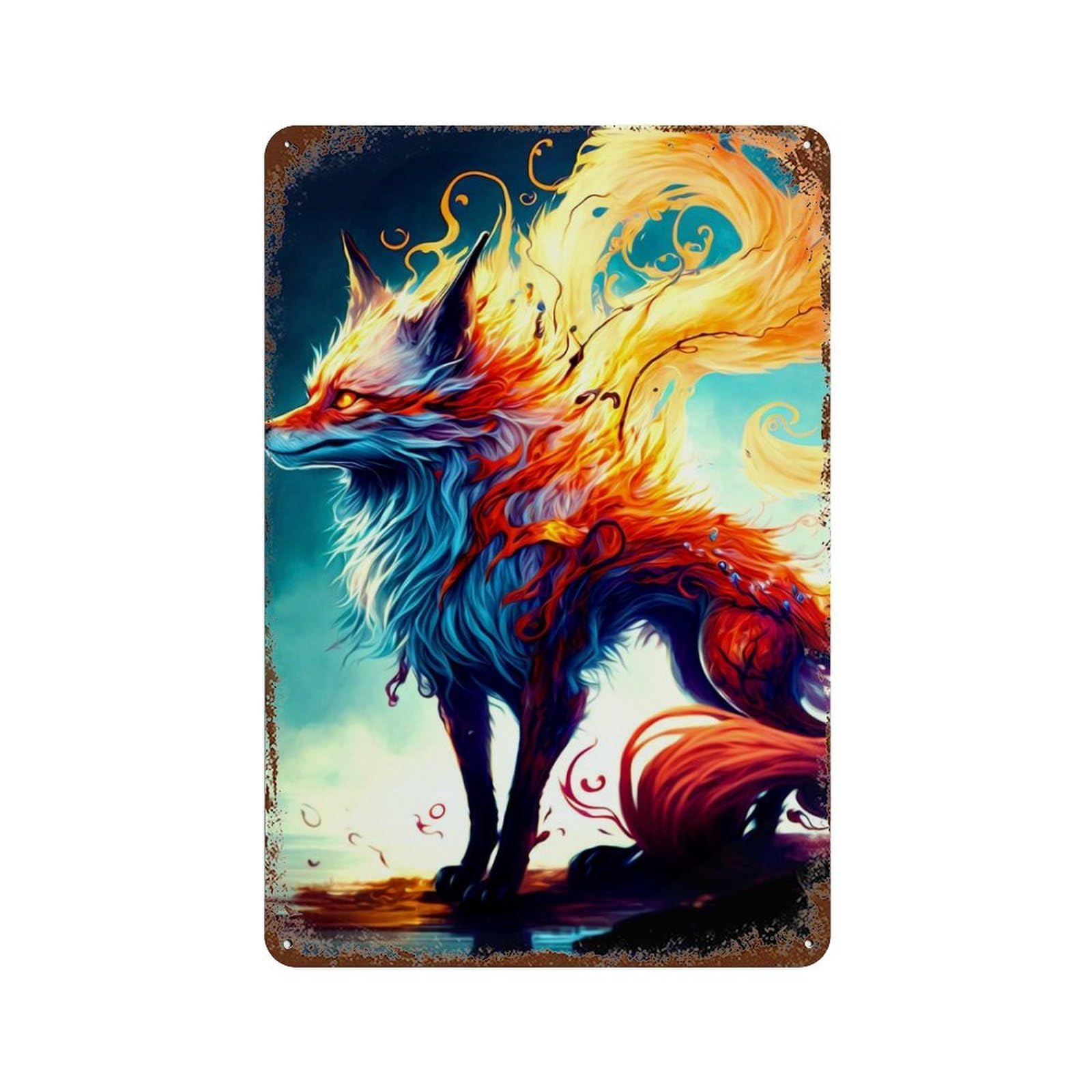 Rust Effect Fantasy Fox Rustic Tin Plaque 11.8"x7.9", Classic Wall Plaque for Shed, Workshop And Garage Wall Decor