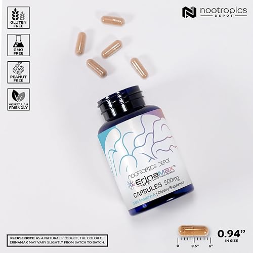 Miniatura 3 de Nootropics Depot Erinamax - Cápsulas de melena de león de 500 mg Micelio de cultivo líquido 2.5 mg de erinacina A Soporte para el estado de