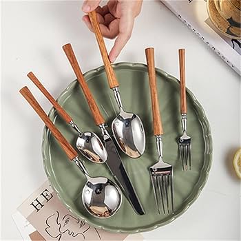 Amazon | 木製ハンドル食器6点セット ステンレススチール銀食器セット