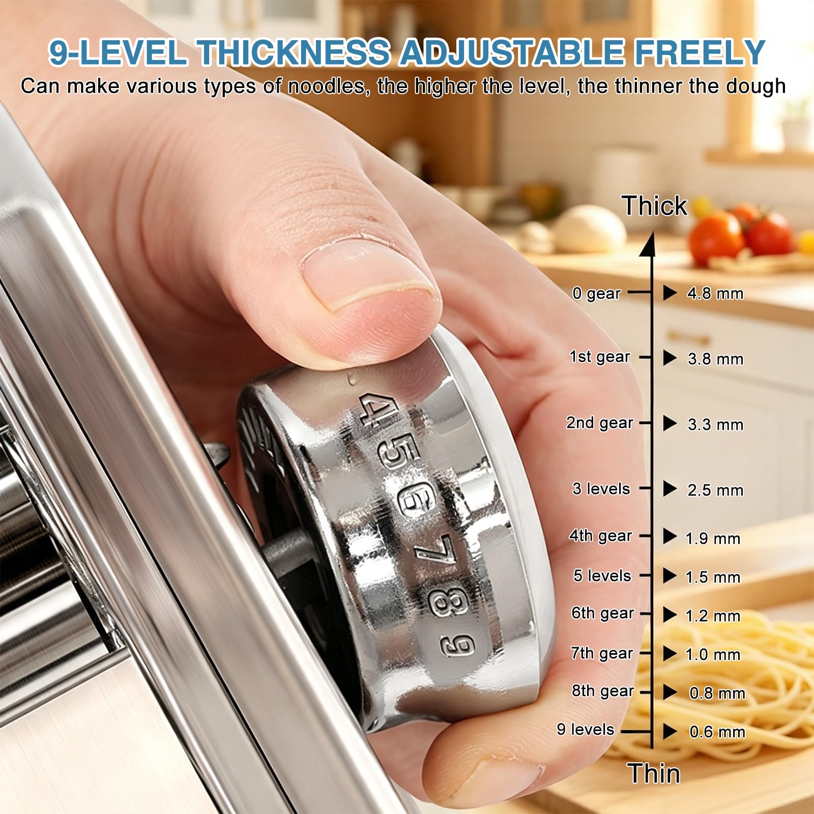 Máquina de pasta de acero inoxidable: máquina de pasta de acero de 150 mm con 9 grosores de masa y 2 anchos de corte, máquina manual de pasta para espaguetis, tallarines, lasaña, fettuccini