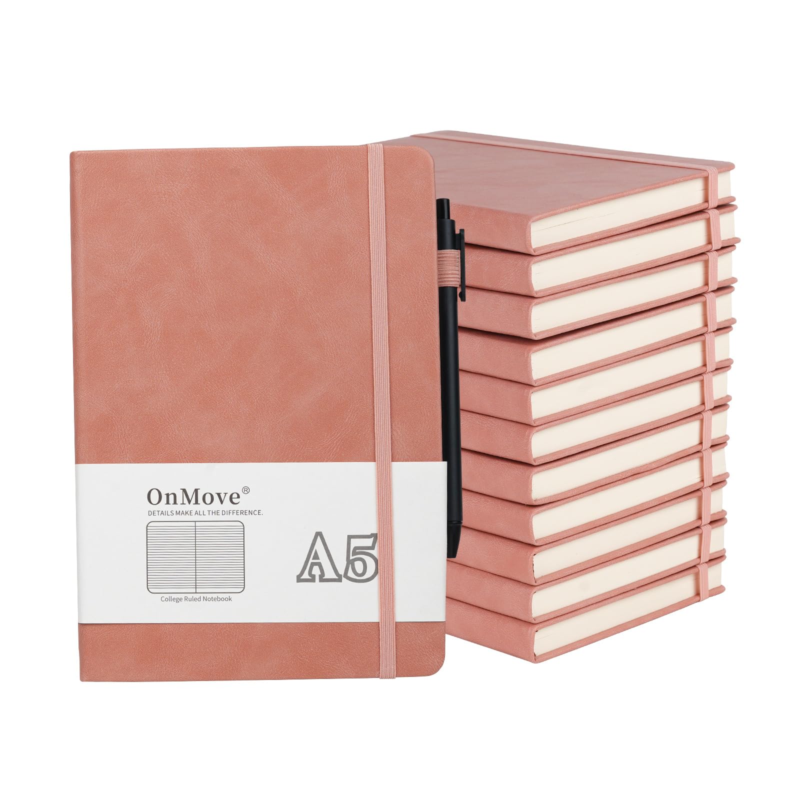 OnMove Cuadernos para mujeres y hombres, paquete de 12 cuadernos de tapa dura de cuero con soporte para bolígrafo, A5, 200 páginas, papel grueso de 100 g/m², para el trabajo y la escuela, con forro