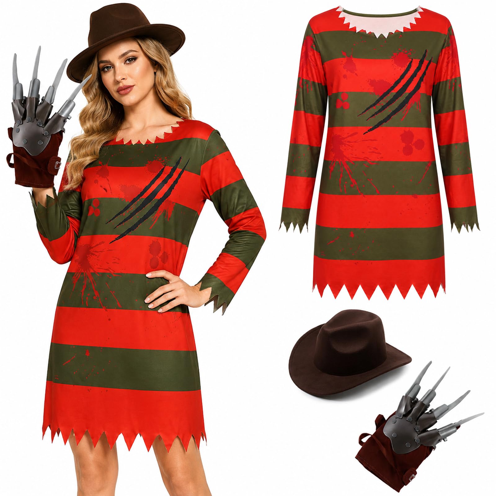 Boyigog Women Serial Killer Halloween Fancy Dress Costume 3PCS Stripes Dress Explorer Hat Scary Claws Adult Horror Outfit for Halloween Fancy Dress Parties
