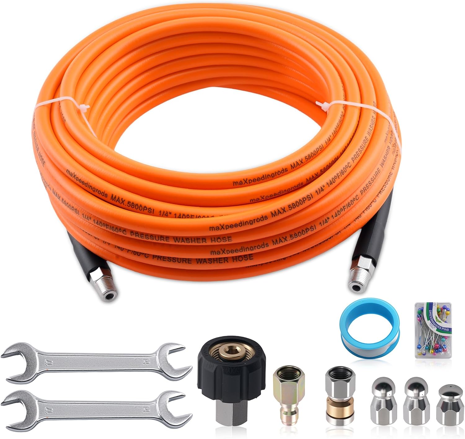 maXpeedingrods Sewer Jetter Kit for Pressure Washer 50FT, 5800PSI Drain Cleaner Hose 1/4 Inch NPT Corner, Rotating and Button Nose Sewer Jetting Nozzles with Spanner Waterproof Tape Pearl Corsage Pin