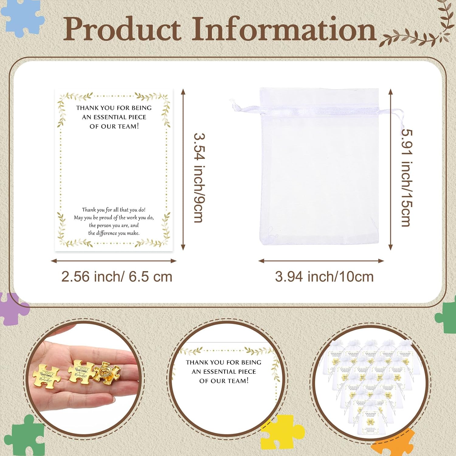 Employee Appreciation Gifts Bulk Puzzle Piece Lapel Pin Thank You Card and Organza Bag Building Recognition Soccer Baseball Team Gift for Employee Office Staff Coworker