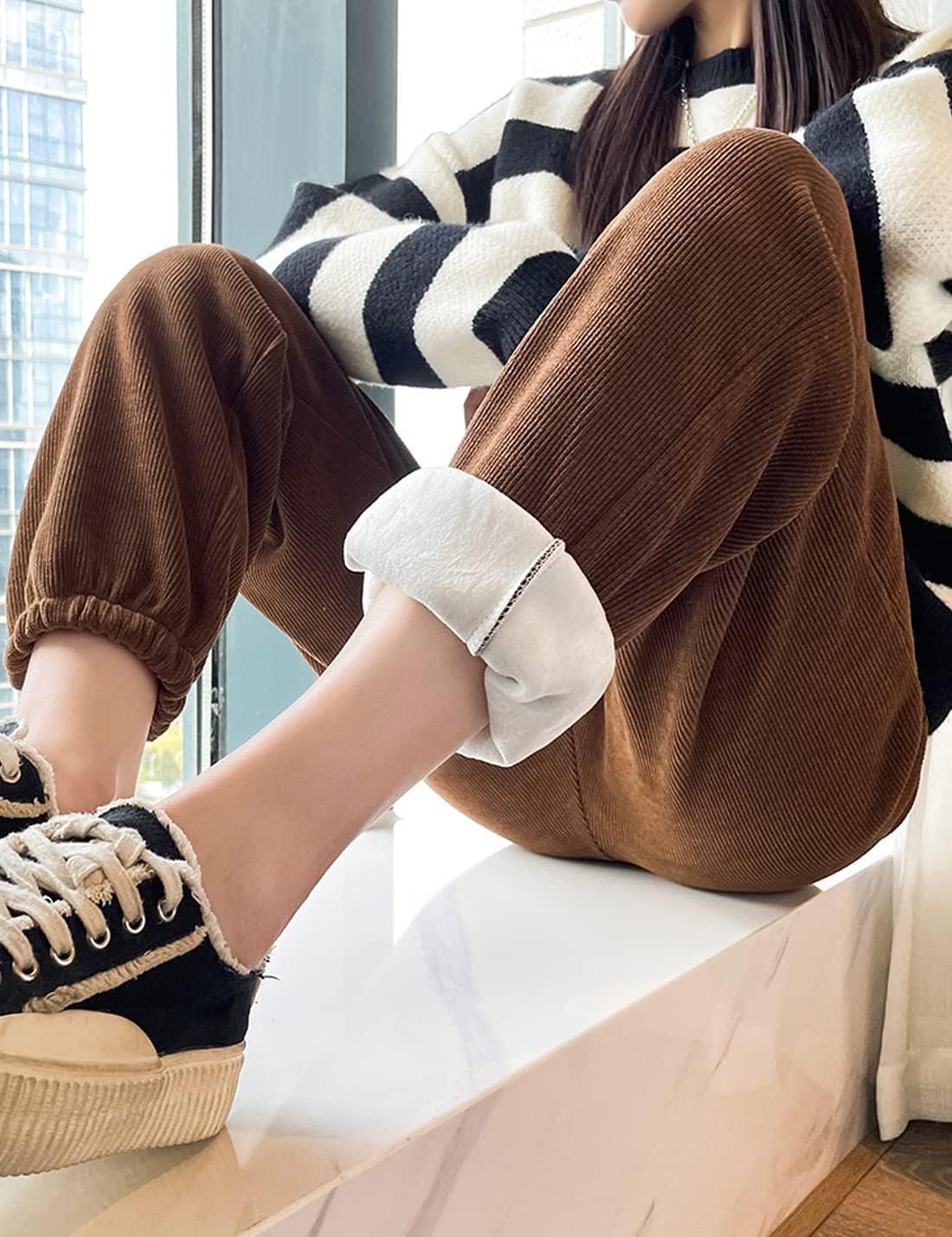 Winter Over Bump Maternity Pants Fleece Joggers Pockets Warm Thermal Sweatpants for Pregnant Women