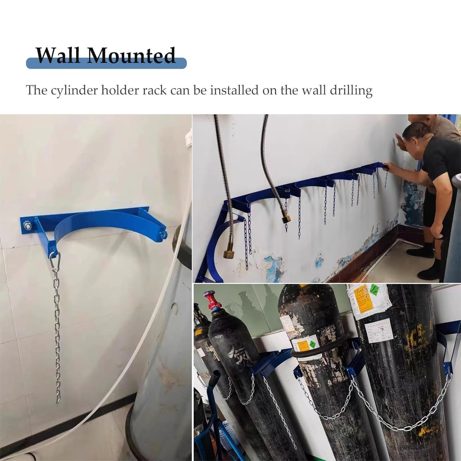 Genérico Soporte de Pared para bombona de oxígeno - Soporte para Tanque de Gas Nitroso con Orificios pretaladrados, Tornillos y Cadena de Seguridad - Sujeta 1 Botella, 3 Unidades - Ideal para Uso Dom
