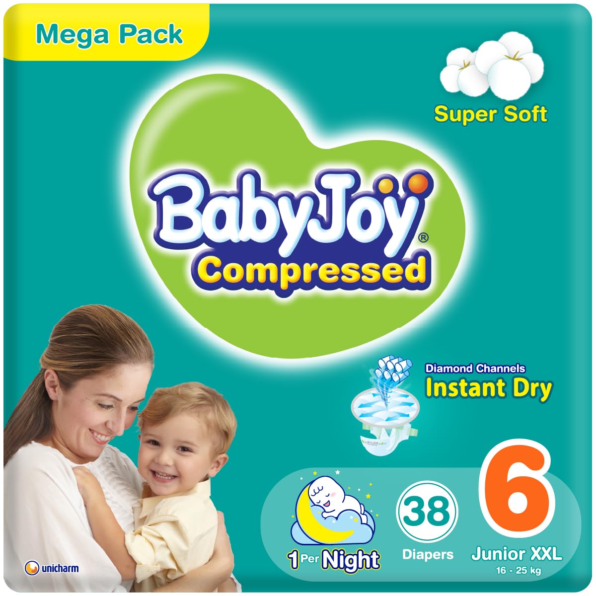 BabyJoy Compressed Diamond Pad, Size 6, Junior XXL, 16+ kg, Mega Pack, 38 Diapers
