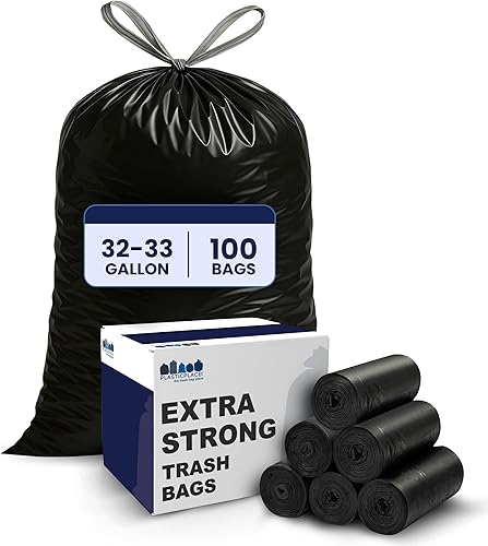 Plasticplace Bolsas de basura de 32-33 galones │ 1.2 mil │ Revestimientos para cubos de basura con cordón │ 33 x 39 pulgadas, color negro, 100 Negro