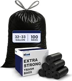 Plasticplace 32-33 Gallon Trash Bags │ 1.2 Mil │ Drawstring Garbage Can Liners │ 33” x 39”, Black, 100 Count