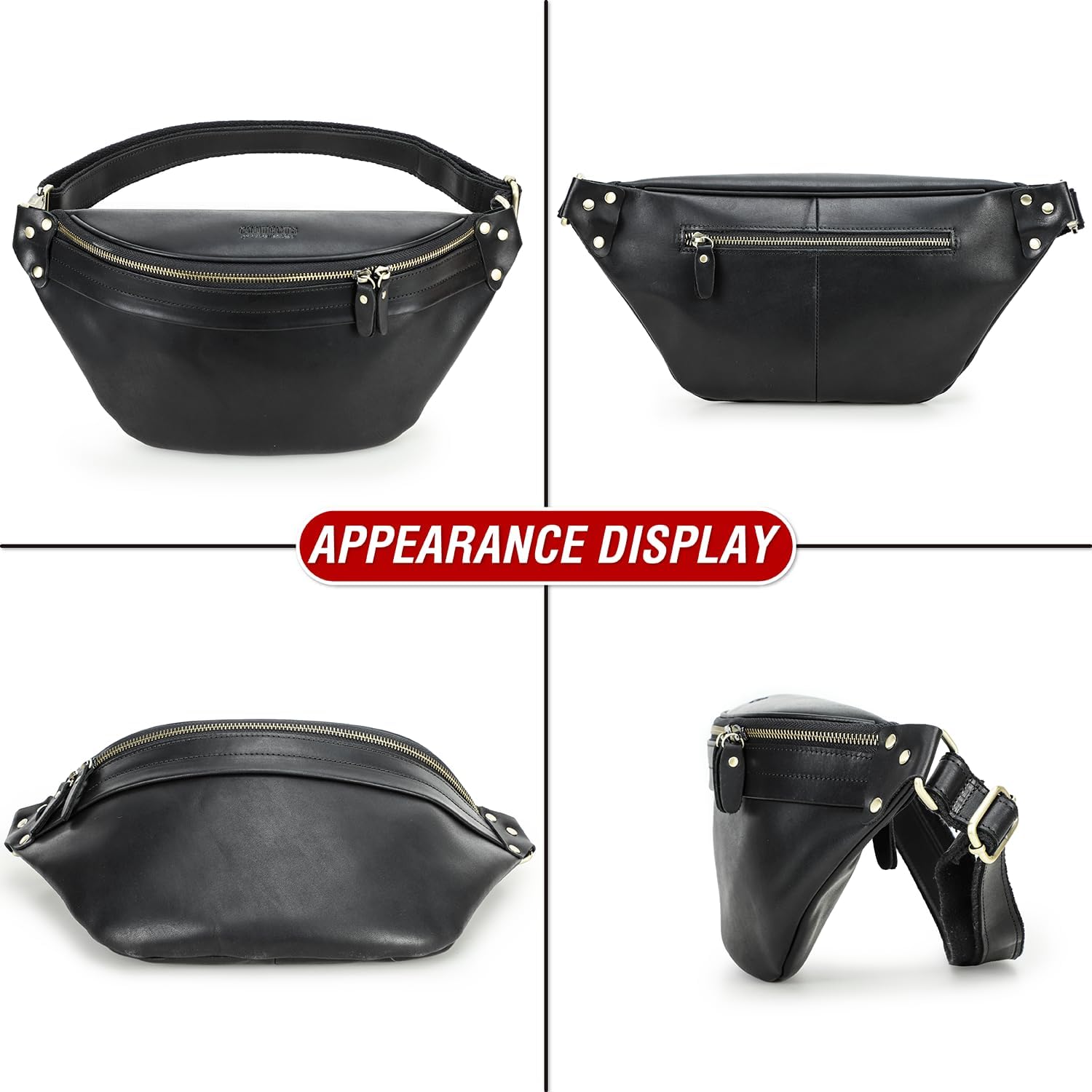 Top Grain Genuine Leather Large Size Fanny Pack for Man & Woman, Minimalist Vintage Design, Handmade with Detachable Hardware, Slim Waist Pack Large Crossbody Belt Bag for Traveling or Riding, Black