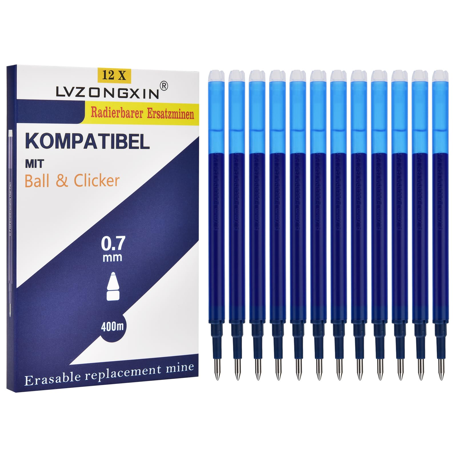 LVZONGXIN Neu Blau Radierbare Ersatzminen 0,7mm [12er Set], Kompatibel mit Pilot, Thermosensible Tinte, 400m Schreiblänge