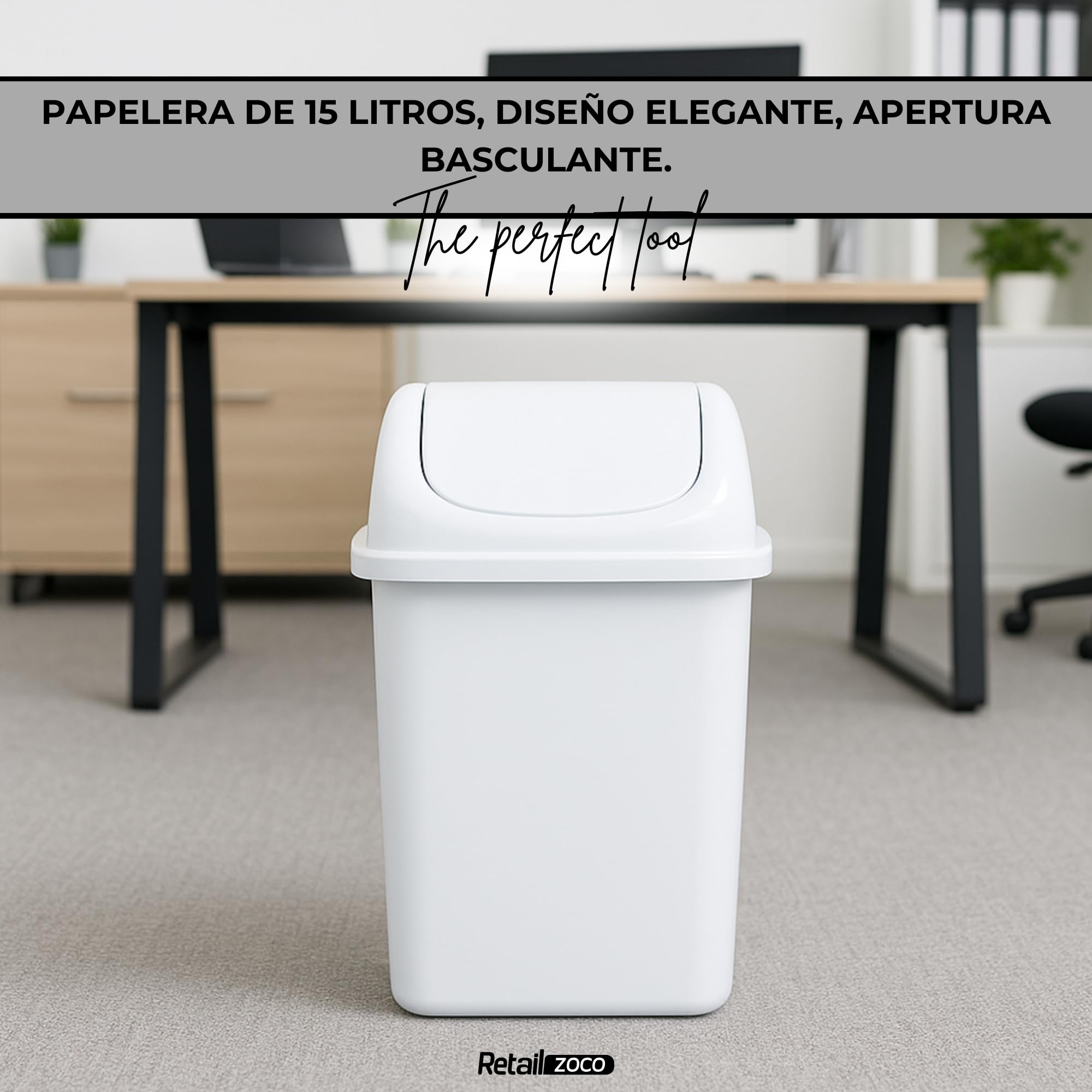 TECHZOCO Cubo basura apertura basculante 47 cm 15 Litros PP5 Plástico Libre BPA