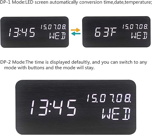 Miniatura 7 de Reloj despertador digital de madera, hora de escritorio, fecha (MMDDYY), día de la semana, temperatura, luz nocturna, pantalla LED grande, lámpara