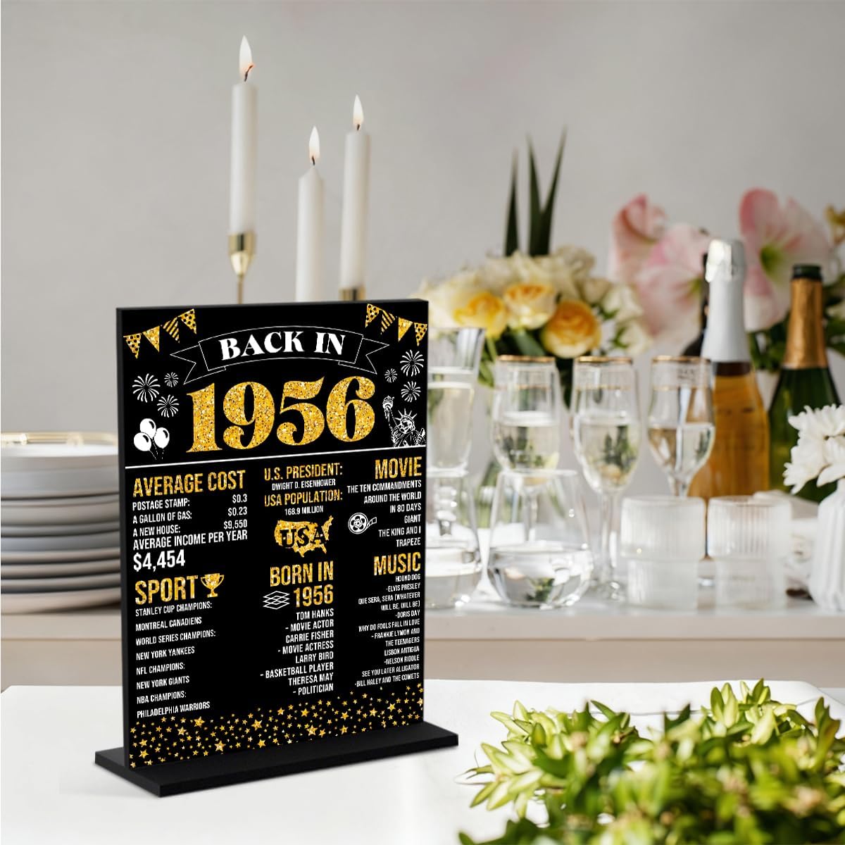 Black 70th Birthday Decorations for Women Man Back In 1956 Black Acrylic Sign Year Old Table Poster With Stand Party Supplies 1956 Birthday Decorations for Display Holder Table - Image 5