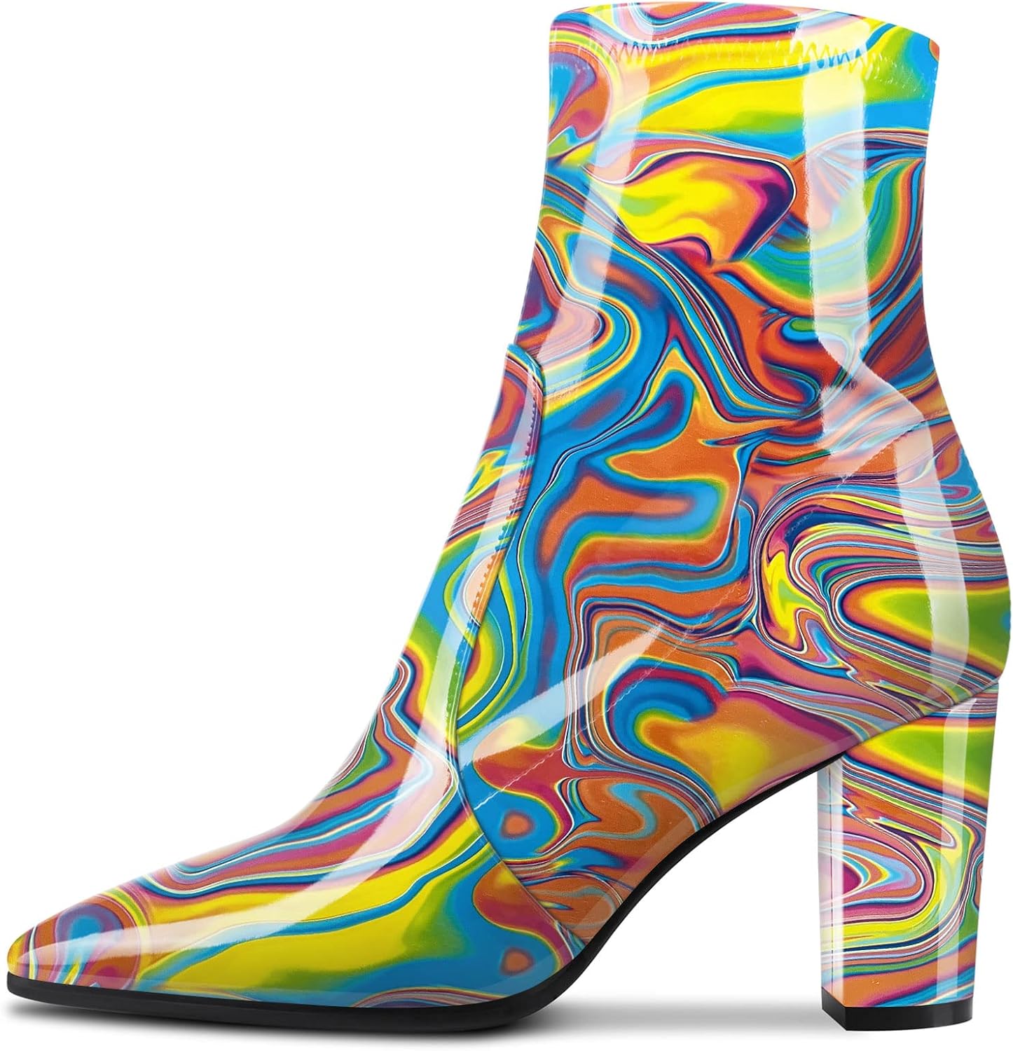 Aachcol Women Mid Calf Boots Pointed Toe High Chunky Block Heel Patent Zipper 3 Inch