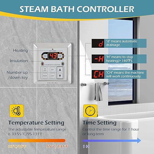 Miniatura 4 de Dyna-Living Steam Shower Generator Kit System, 6KW Home Steam Bath Sauna Spa Generator, Steam Head + Self-draining System, LED Controller,for