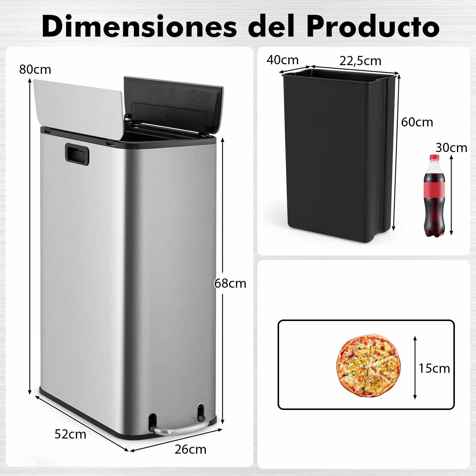 GIANTEX Cubo de Basura de Acero Inoxidable, Bote de Basura de 46 Litros, con 2 Tapas y Pedal, Cubo Interior Extraíble, 26 x 52 x 68 cm, Cubo de Basura para Cocina, Comedor, Inodoro
