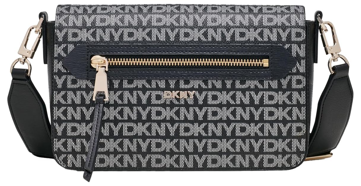 DKNY Women's Bryant Ave Mid Flap Crossbody, Black Logo-Black, Black logo black, Medium