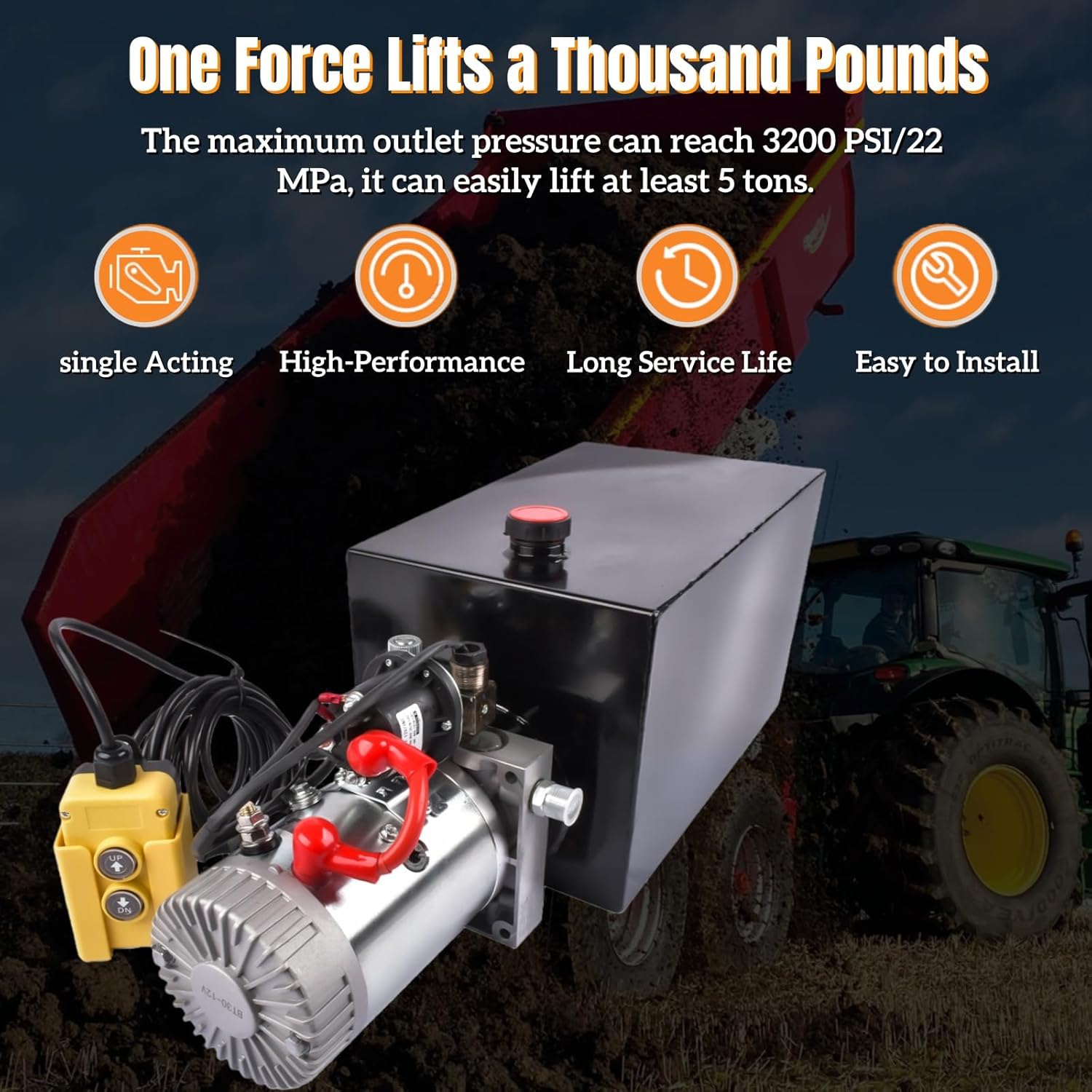 12V DC Single Acting Hydraulic Pump – 3.75 Gallon (15 Quart) Steel Hydraulic Power Unit for Dump Trailer, Dump Truck & Industrial Use Mixizap