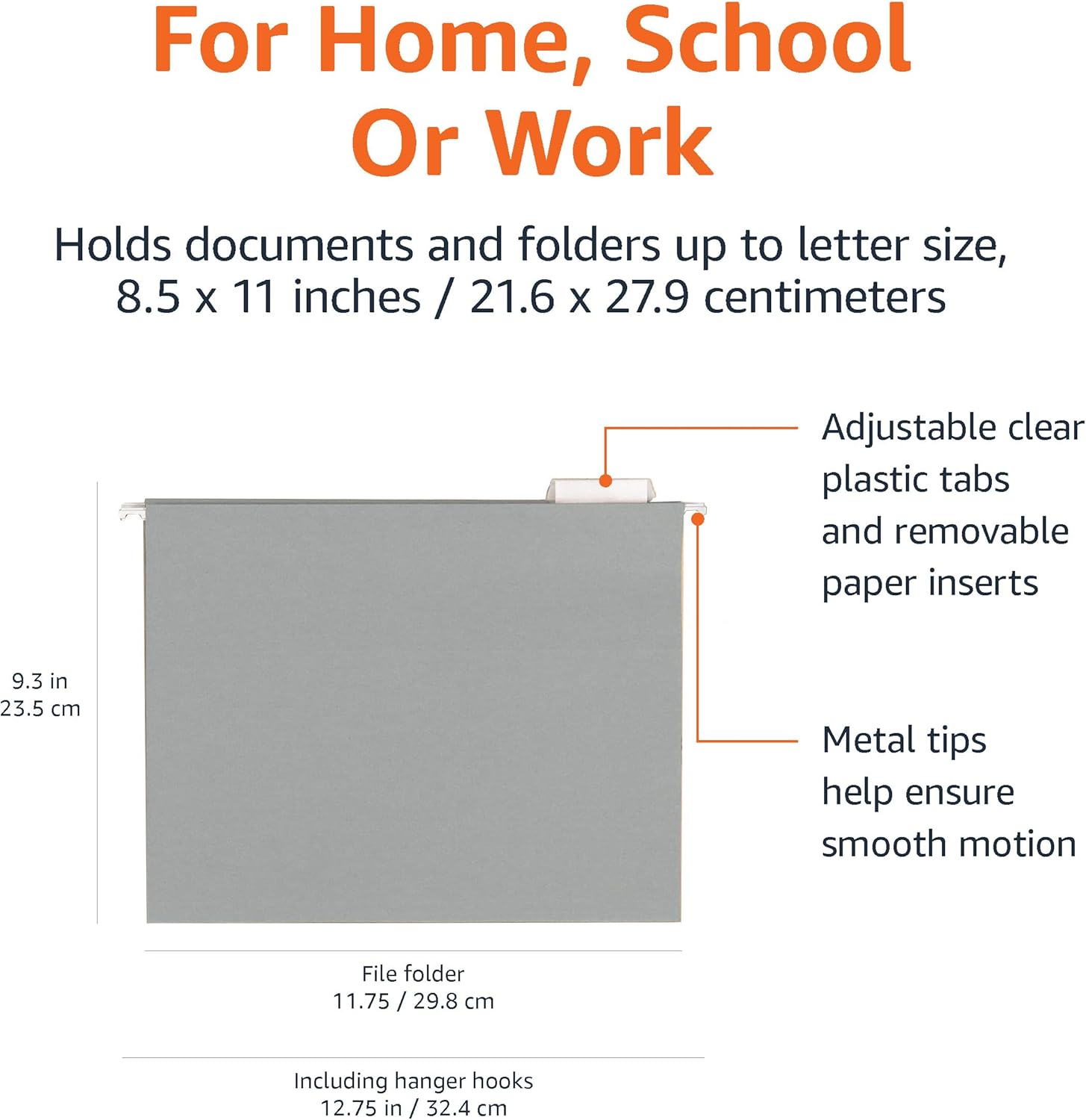 Amazon Basics Hanging File Folders with Adjustable Tabs for Document Organization, Letter Size, Gray, 50-Pack