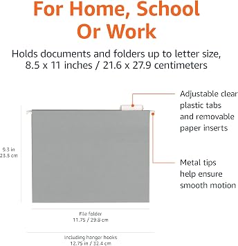 Amazon Basics Hanging File Folders with Adjustable Tabs for Document Organization, Letter Size, Gray, 25-Pack