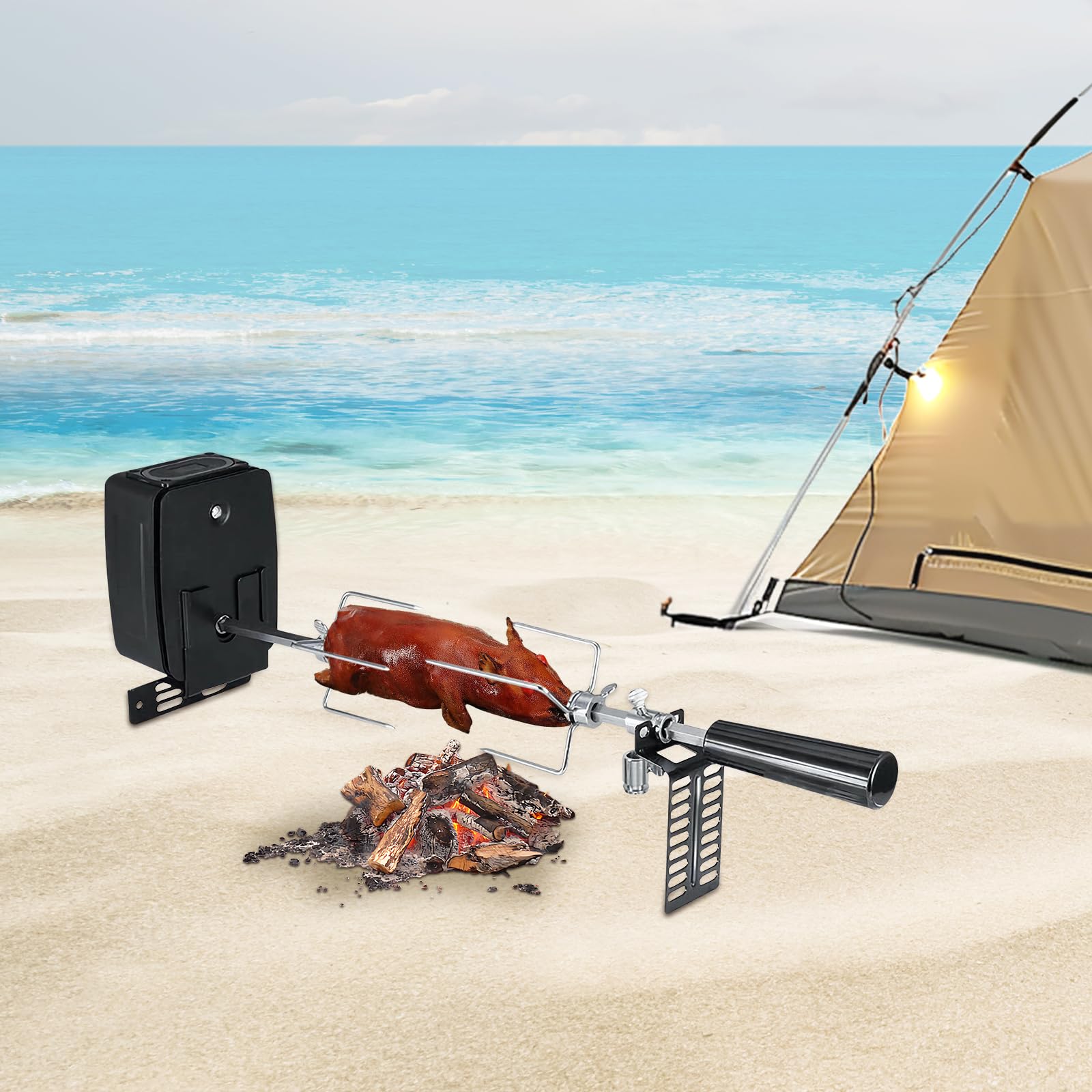 Spiedo elettrico da 106 cm, universale, in acciaio inox, con motore a batteria a 360°, supporto per pollo motorizzato, 2-3 giri/min, portata 7 kg, ideale per barbecue a gas, barbecue a carbonella