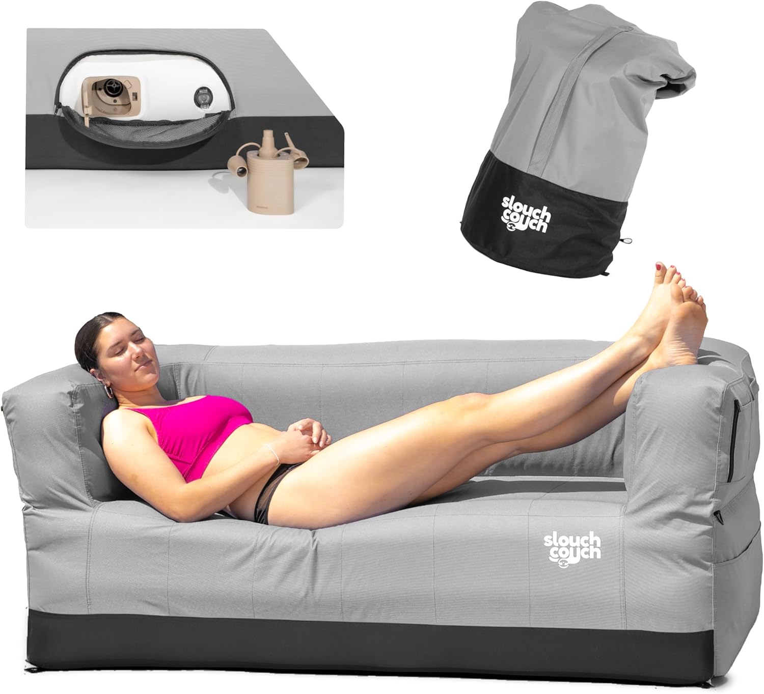 Slouch Couch | Air Sofa with Built-in Pump, Hidden Cup Holders, Storage Pockets | Durable Blow Up Couch with High-Performance Fabric for Camping, Beach, Home & Outdoors (Happy Camper)