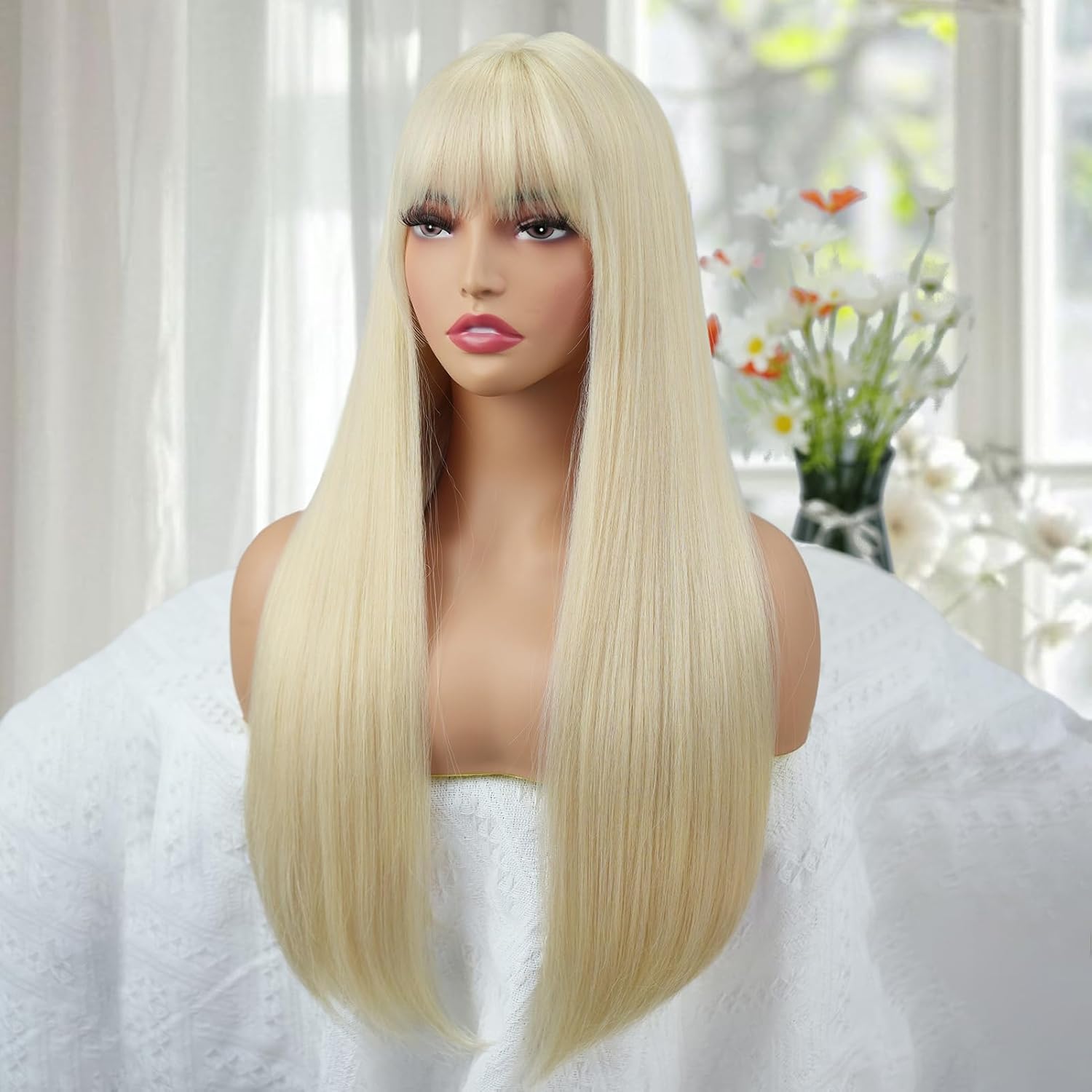 Long Blonde Wig with Bangs Straight Wigs for Women Matte Natural Hair Blond Wig Heat Resistant Synthetic wig for Girls Daily Party Cosplay Halloween Costume Use 24 Inch (Blonde)