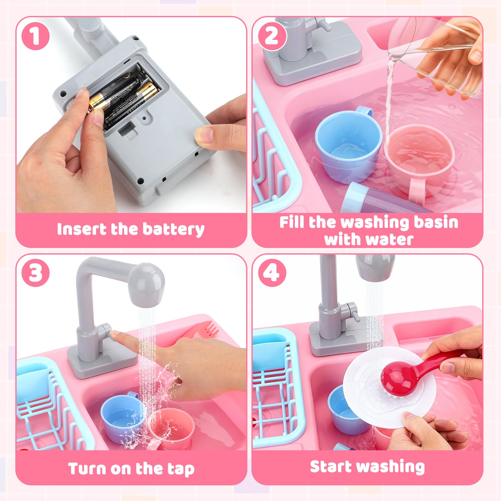 deAO Evier de Cuisine Jeu de Rôles avec Simulateur d’Eau Électrique et Accessoires (Rose)
