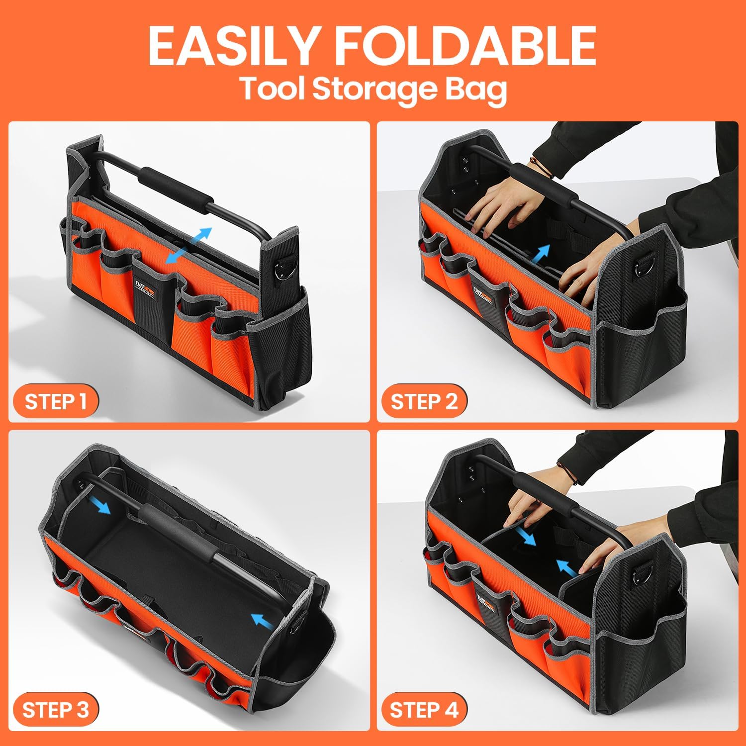 Tool Tote Bag, 15-Pocket Storage Organizer, Heavy-Duty Handle, Orange and Black