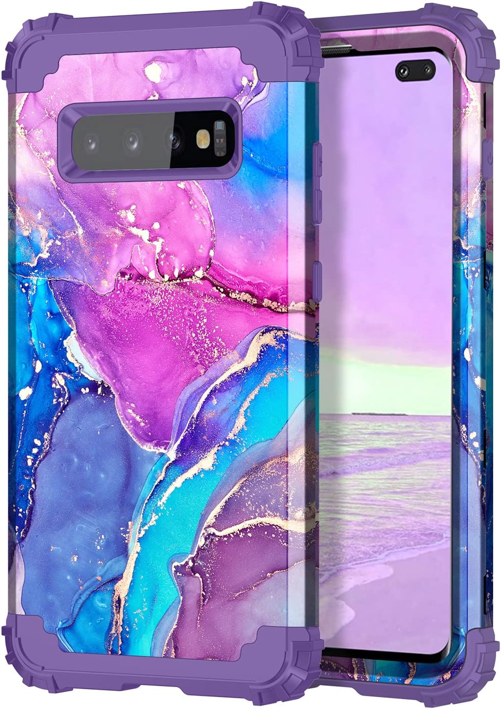 Hekodonk for Galaxy S10+ Plus Case, Heavy Duty Shockproof Protection Hard Plastic+Silicone Rubber Hybrid Protective Case for Samsung Galaxy S10+ Plus Blue Purple