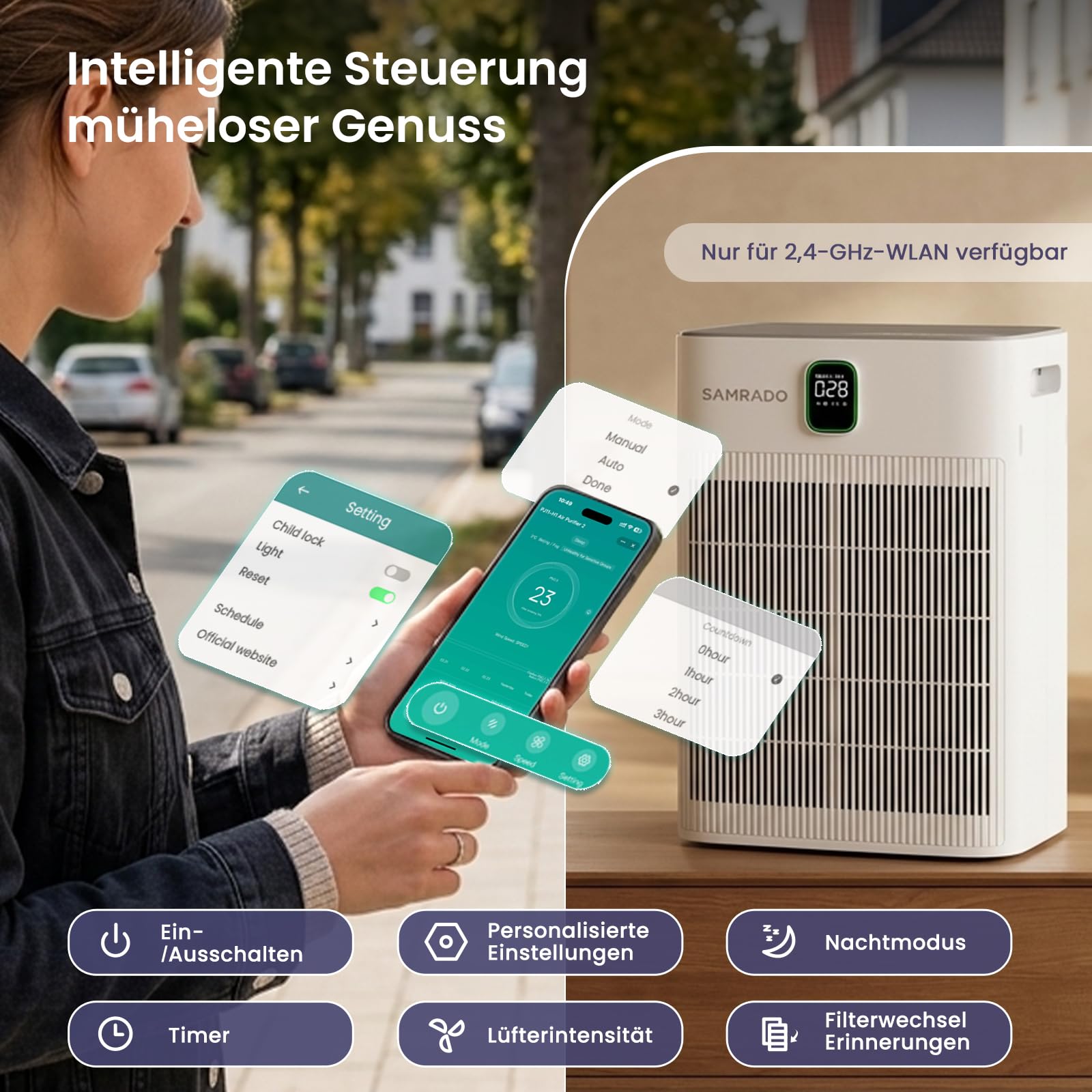 Luftreiniger, H13 HEPA, waschbarer Vorfilter, App, 100 m² | Doppelseitige Ansaugung, Waschbarer Vorfilter, 280 m³/h CADR bis 100 m², Smart Life App, leiser 3-W-Schlafmodus