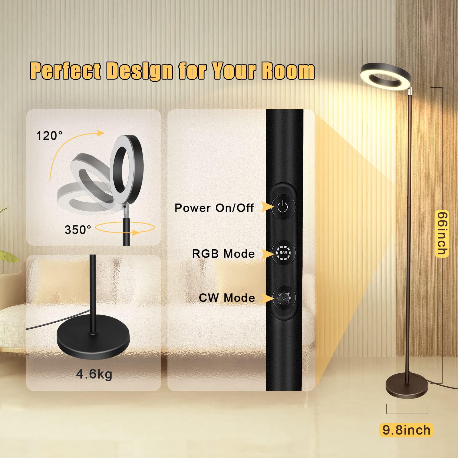 Lampadaire Sur Pied Salon Smart Double Face, 42W Lampe sur Pied avec App et Contrôle Tactile, 16 Millions Couleurs, Compatible avec Alexa et Google Assistant, Musique Sync Convient pour Chambre Bureau