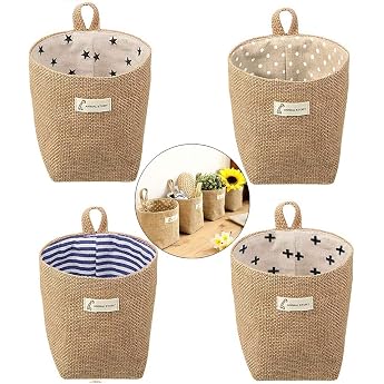 Kinearcharms Pack of 4 Storage Baskets Cotton Linen Wall Hanging Foldable Storage Baskets with S Handle and J Hook for Toys Makeup Keys Small Items