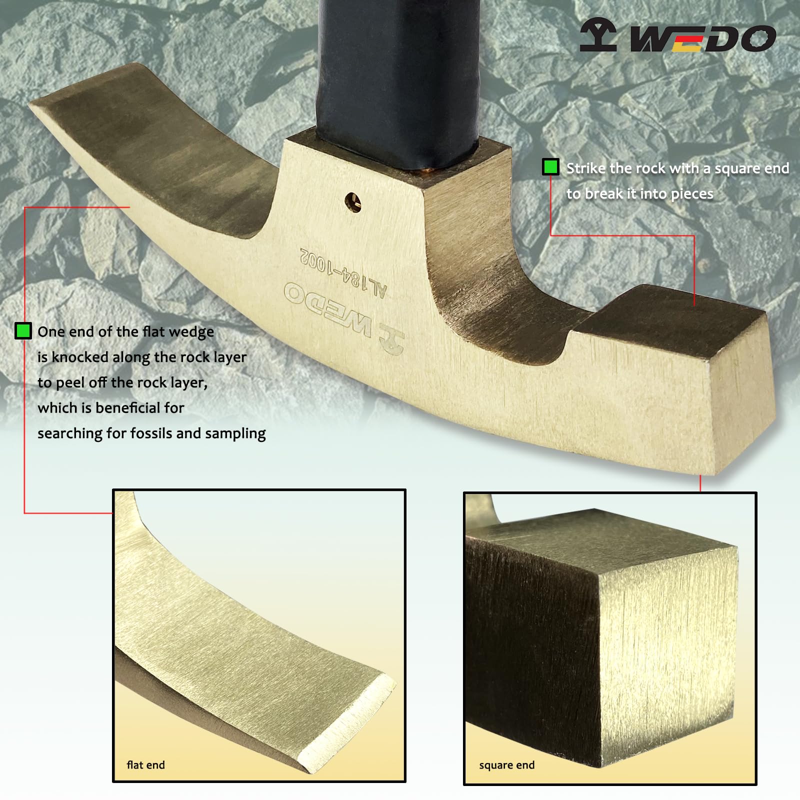 WEDO Zestaw 2 szt. młotków do kostek, nieiskrzący młot do cegieł geologów, głowica 28 uncji (800 g), młotek murarski, długość 340 mm, brąz aluminiowy, narzędzie murarskie, uchwyt z włókna szklanego
