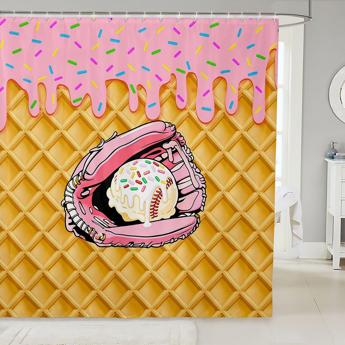 Rideau douche 180x200 baseball rose pour transformer la salle de bain des enfants