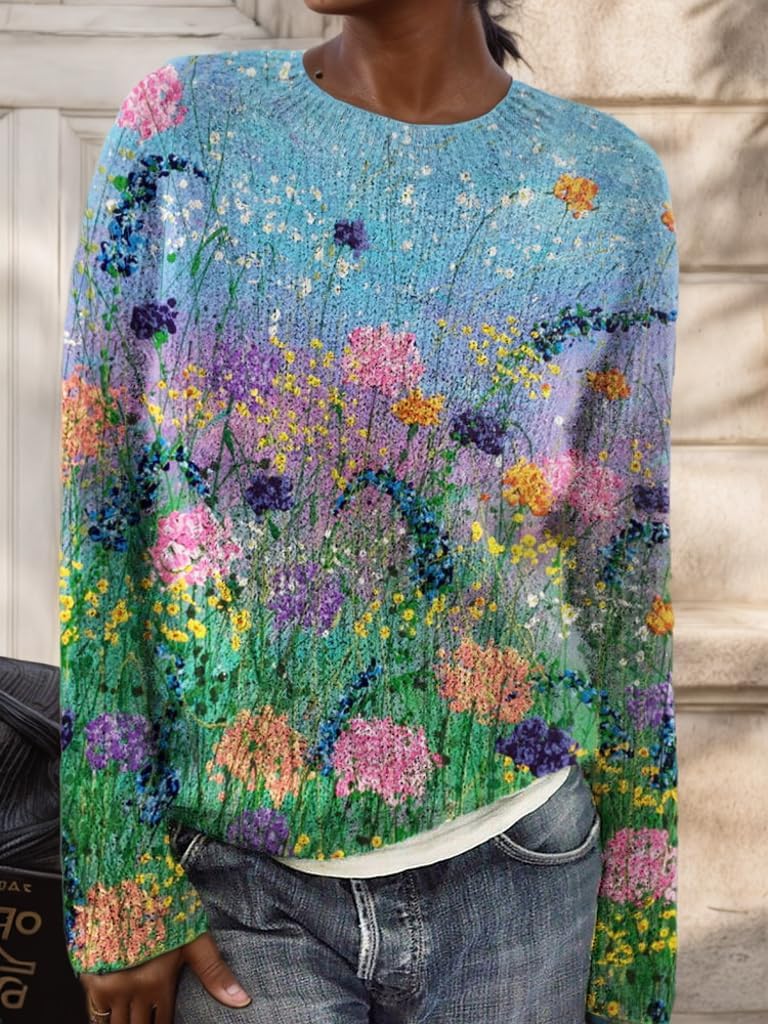 Women's Colorful Painting Landscape Floral Print Sweater Casual Loose Knitted Crewneck Long Sleeve Cropped Pullover Tops