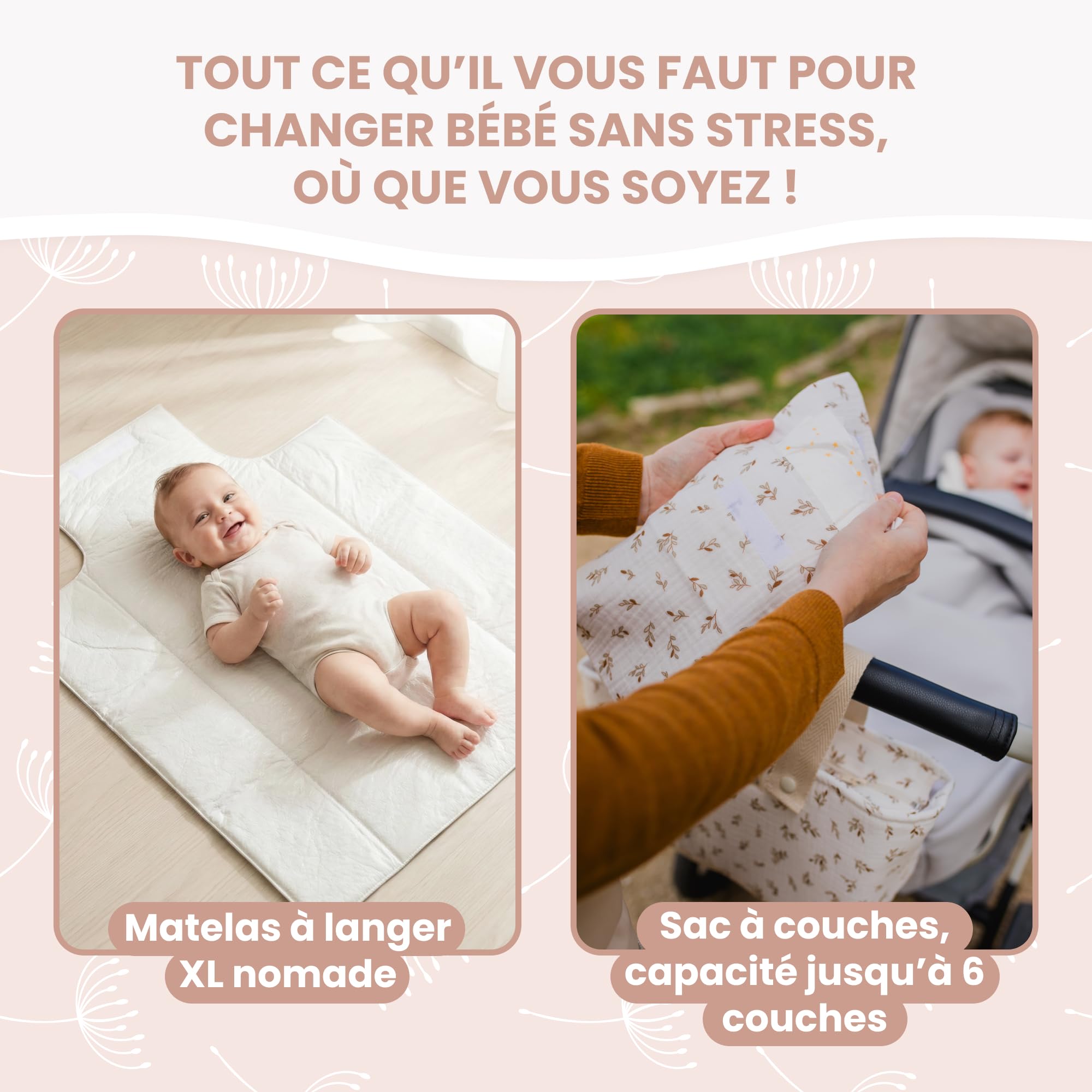 MIMUSELINA Set Fasciatoio Portatile Neonato e Borsa per Pannolini | Fasciatoio da Viaggio Pieghevole, Impermeabile e Leggero | Esterno 100% Cotone | Ideale come Regalo Neonato | Fatto a Mano in Spagna