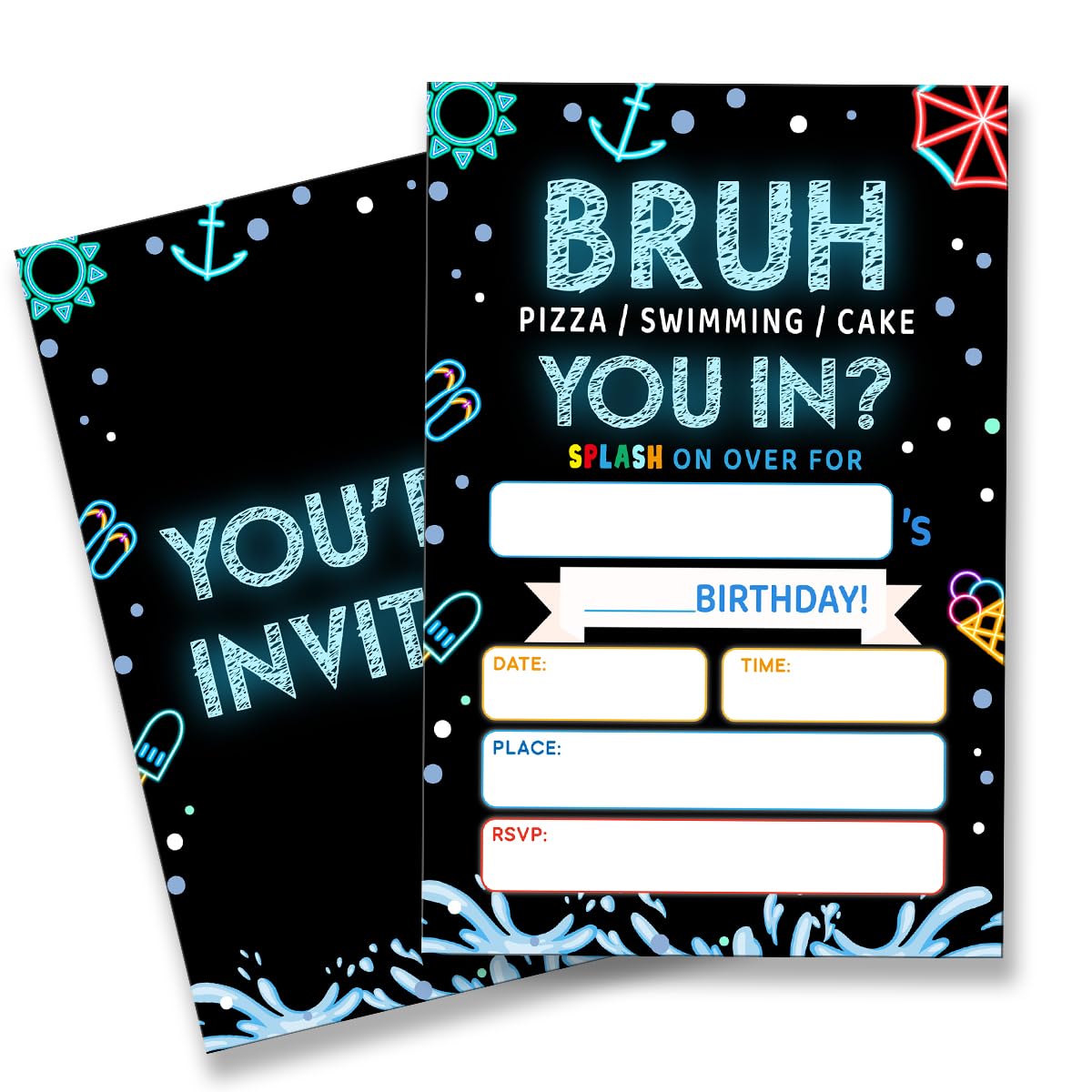 QZJ Boy Pool Birthday Party Invitation Supplies with Envelopes Set of 20 Bruh Neon Birthday Invitation Fill in Blank, Double Sided