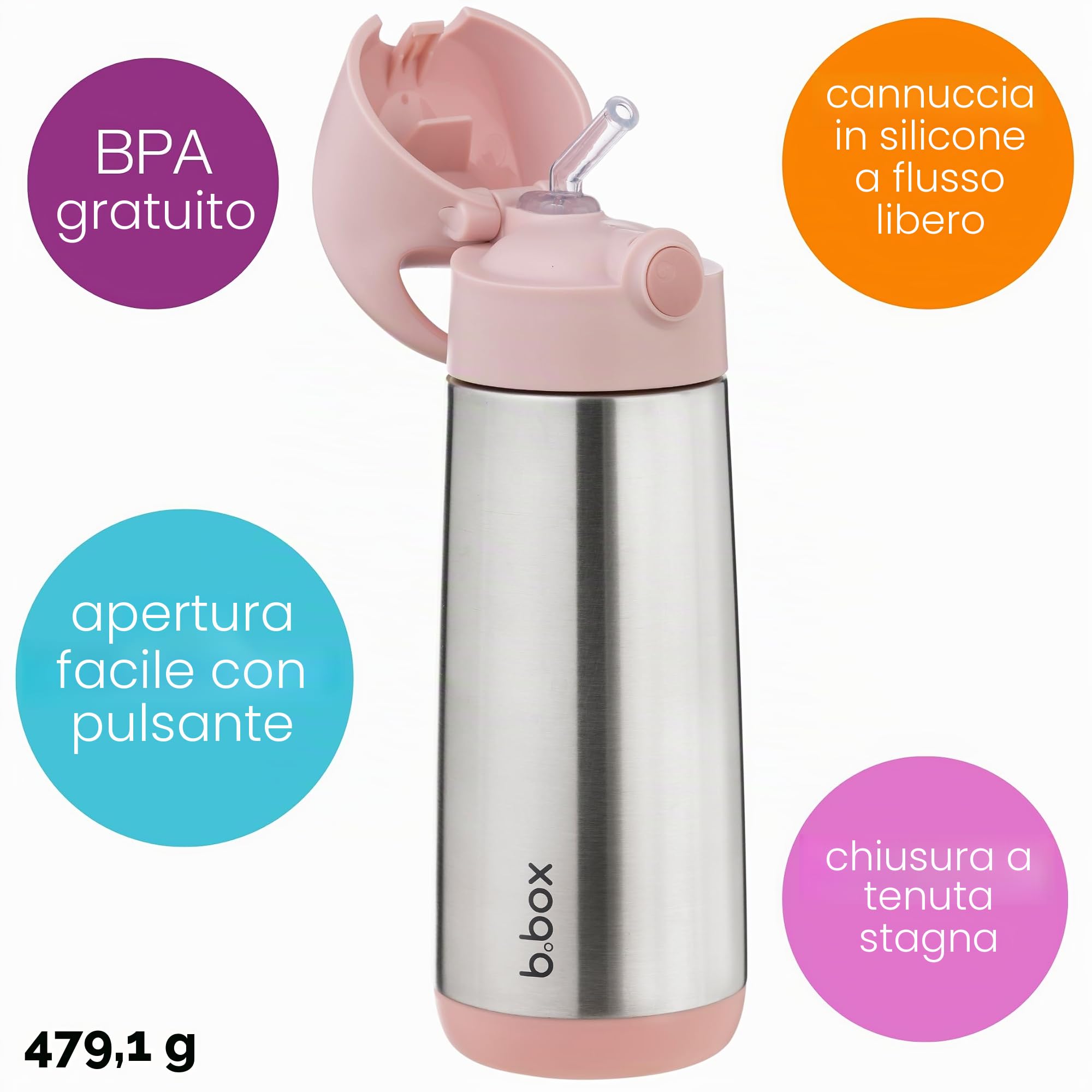 b.box Borraccia Termica | Borraccia Bambini in Acciaio Inossidabile a Doppia Parete | Mantiene le Bevande Fredde Fino a 15 Ore, Calde fino a 8 Ore | 500 ml