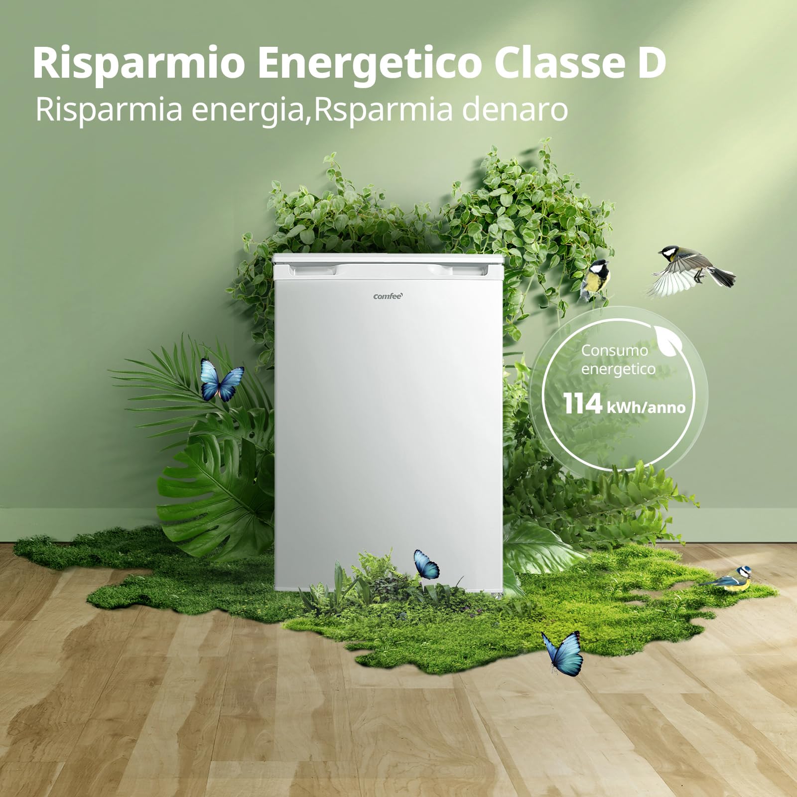 COMFEE' RCD113WH3EU(E) Frigorifero Combinato da 113L Frigorifero Compatto con Congelatore 4 Stelle (16L, -18°C/-8°C), Compressore Inverter, 35 dB, Bianco