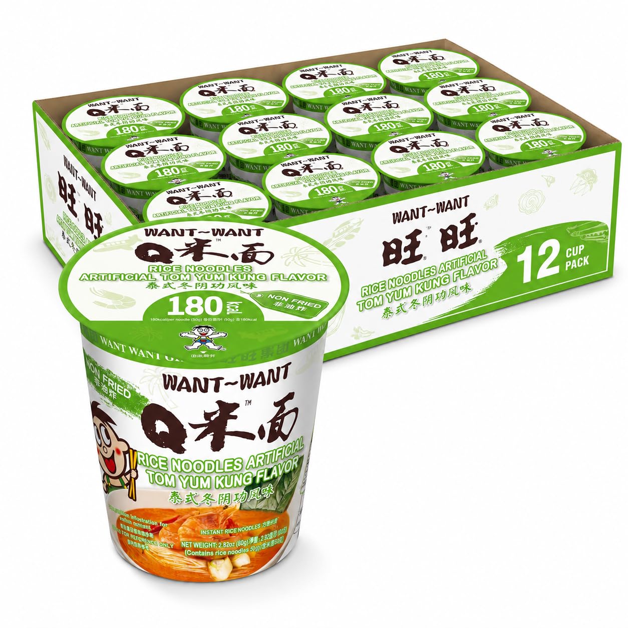 WANT WANT Q Instant Rice Noodles Cup, Non-Fried Healthy Instant Noodle Soup, Authentic Tom Yum Kung Flavor, Quick Gourmet Meal & Snack, 2.72 Oz (Pack of 12)