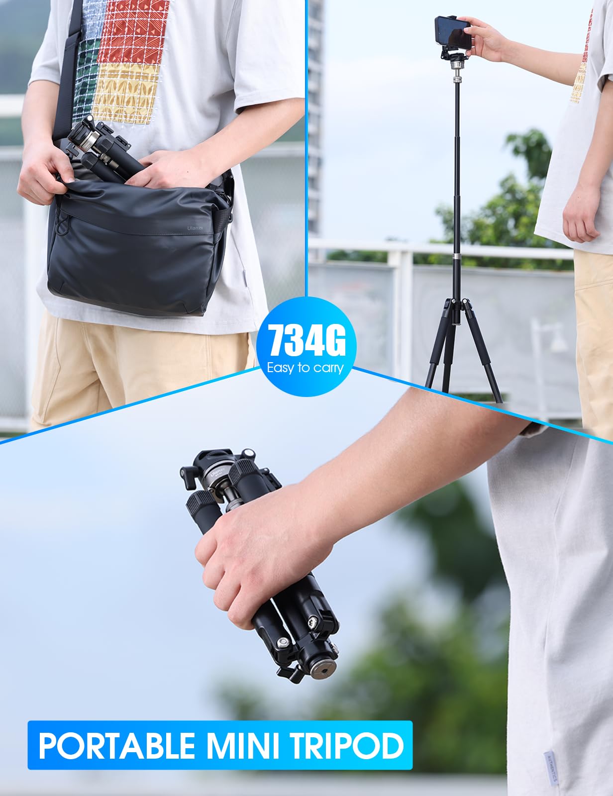 ULANZI MT-63 Mini treppiede per telefono, 57 pollici, portatile, pieghevole, in lega di alluminio, treppiede per fotocamera estensibile con clip per telefono 2 in 1, testa a sfera a 360°, treppiede
