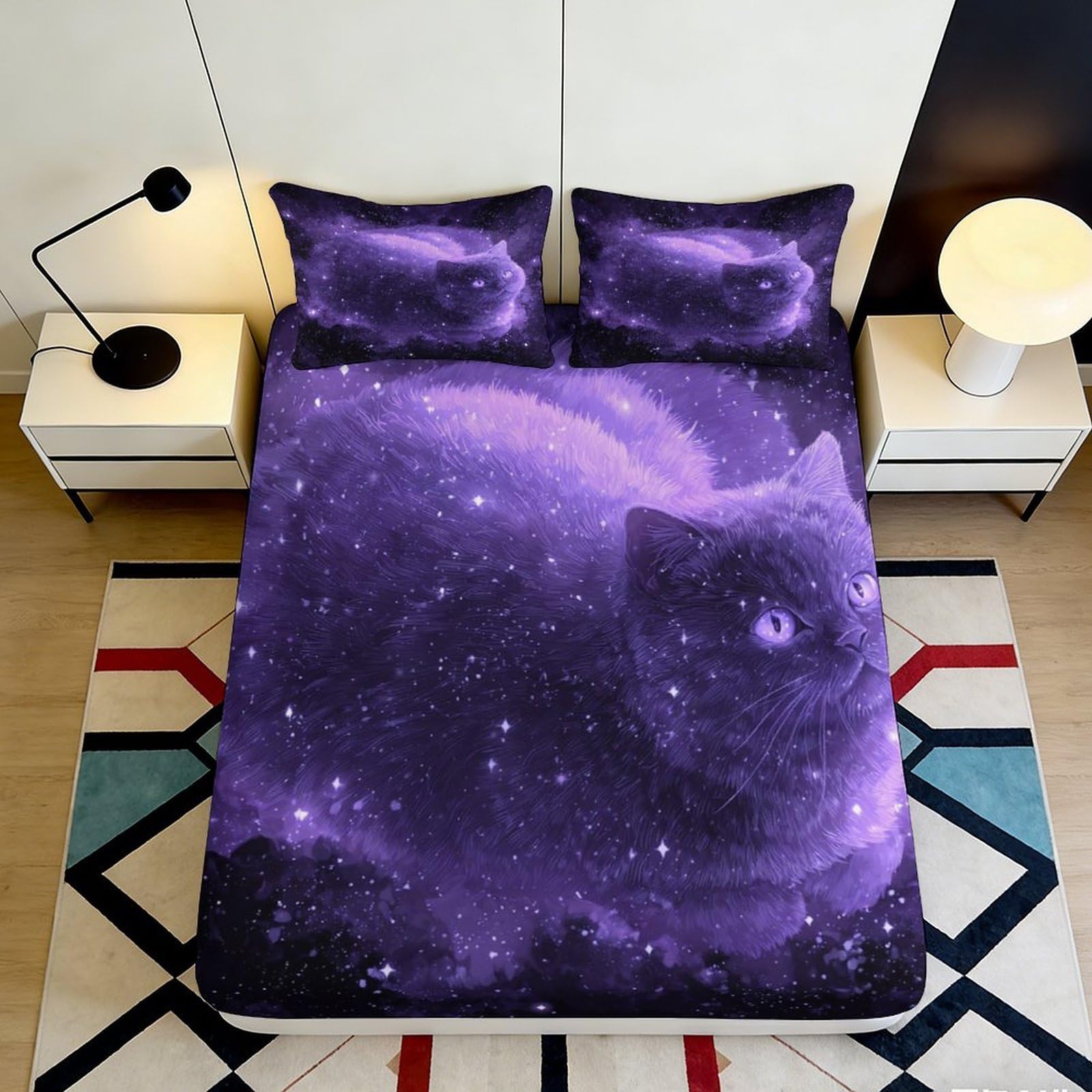 3D Printed Galaxy Starry Sky Fitted Sheet Microfiber Purple Cat Cosmic Nebula Mattress Cover Bedroom Decor 120x200cm 120x200x25cm