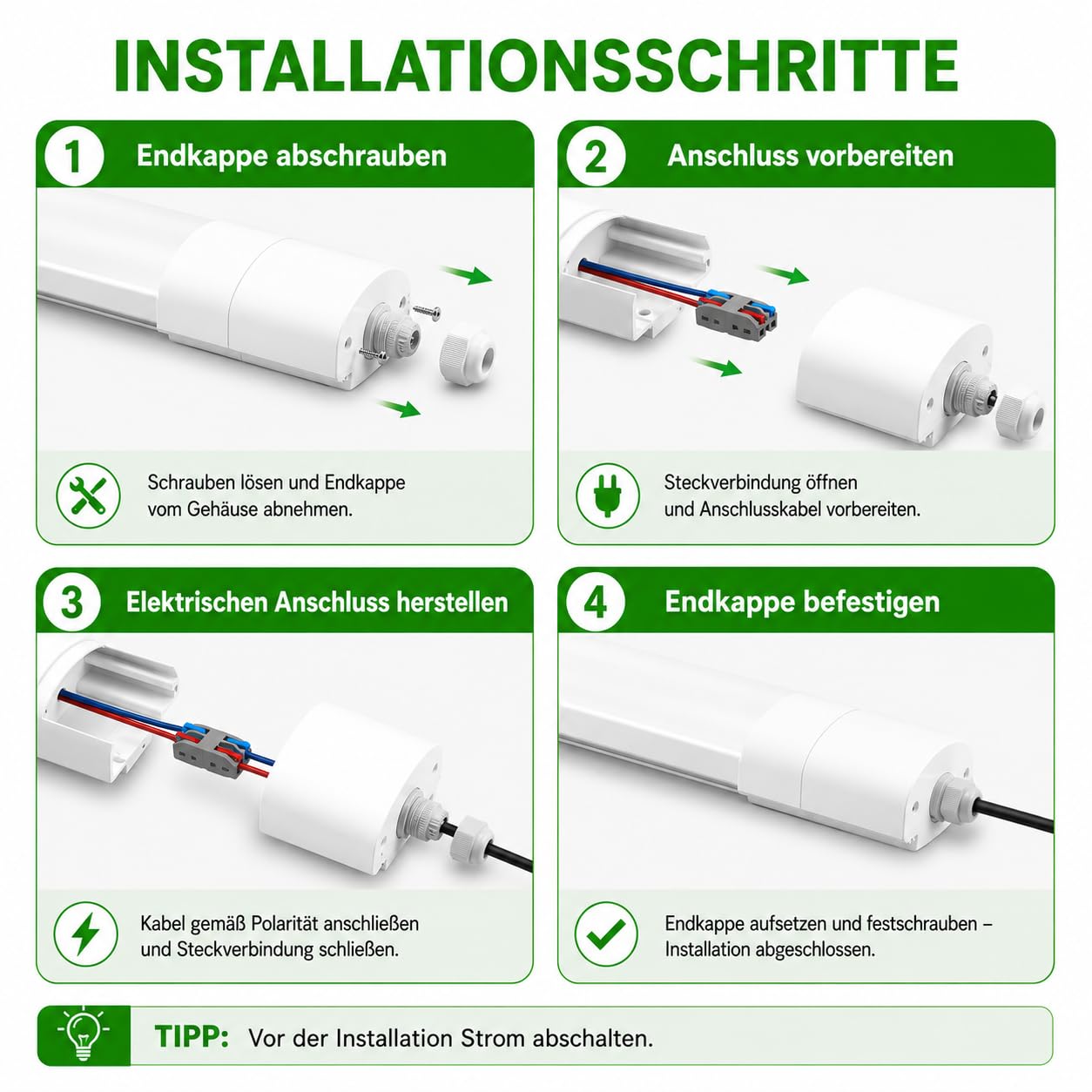 Neon LED 60CM, Tube LED 20W 2200LM, Plafonnier avec Détecteur de Mouvement, IP65 Imperméable pour Atelier, Sous-sol, Bureau, Grange, Magasin