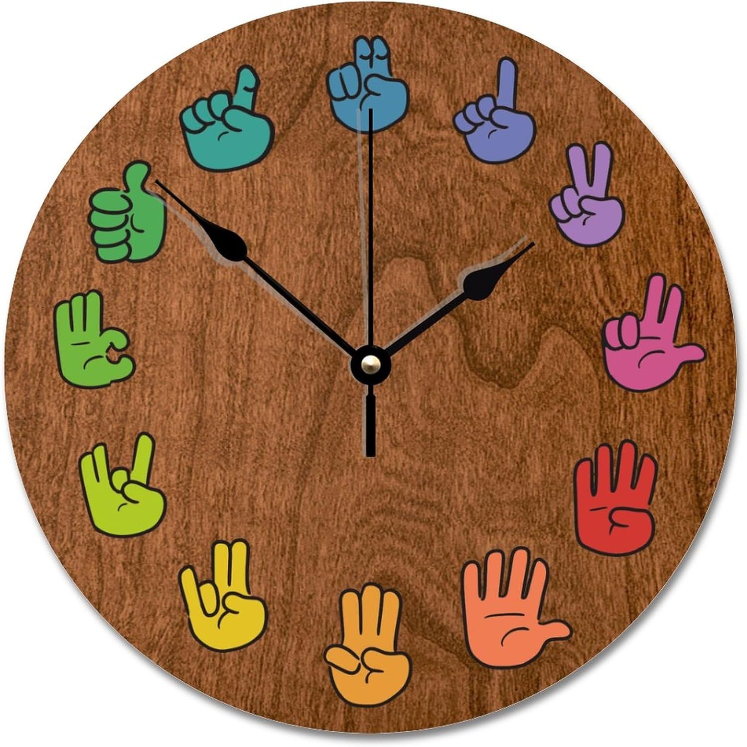 ArogGeld ASL Woodgrain Wall Clock 12 Inch Gesture Wall Clock Battery Operated Non-Ticking Vintage Farmhouse Wood Clock Large Wall Clock for Living Room Kitchen Bedroom Decor