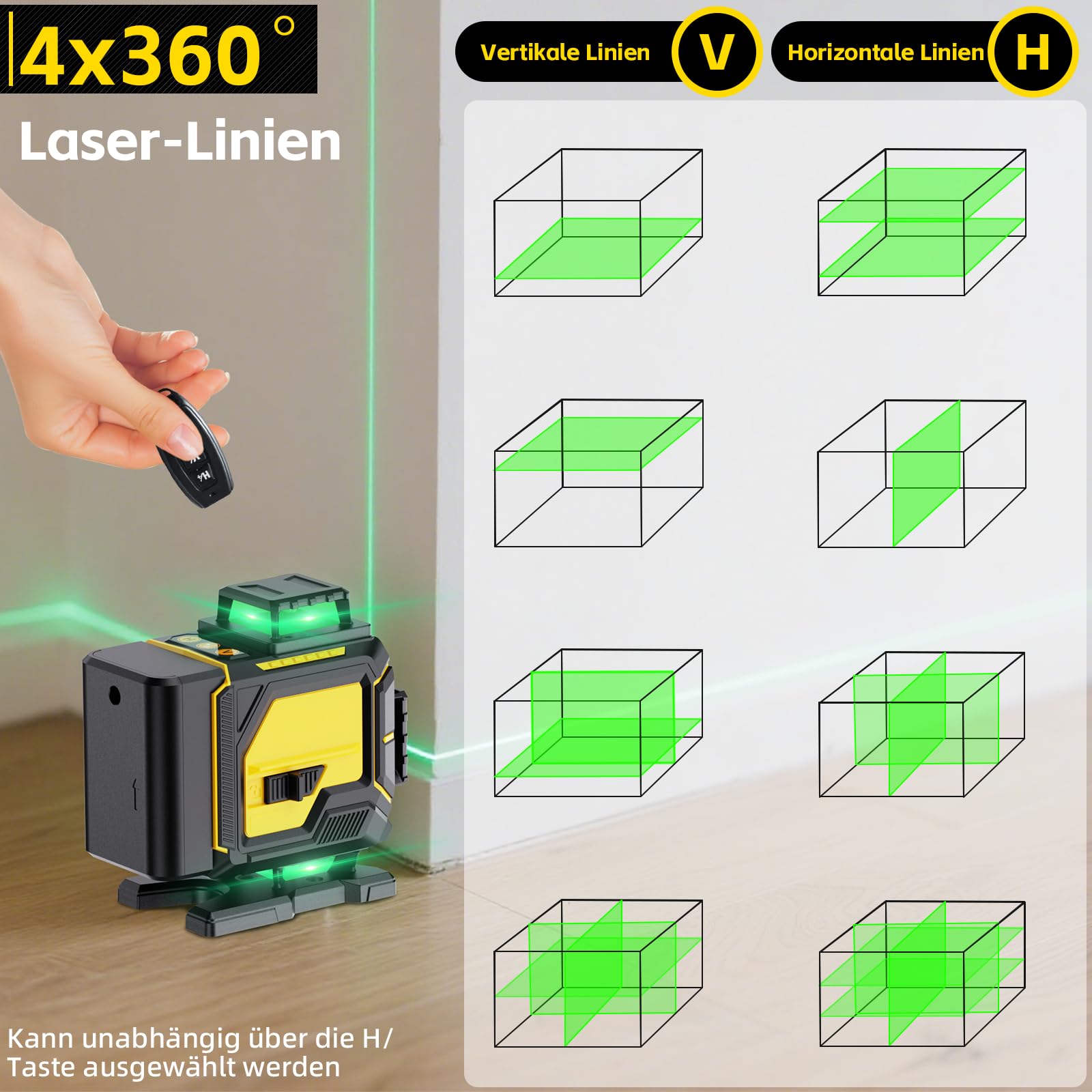 Laser a linee incrociate, colore verde, 16 linee, 4 livella a bolla laser autolivellante, laser a linea per costruzione e allineamento, 2 batterie, supporto magnetico, luminosità regolabile