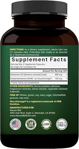 Miniatura 7 de NatureBell Dihidroberberina con berberina HCl 500 mg, 120 cápsulas vegetales  5 veces mejor absorción con GlucoVantage  Apoya niveles equilibrados